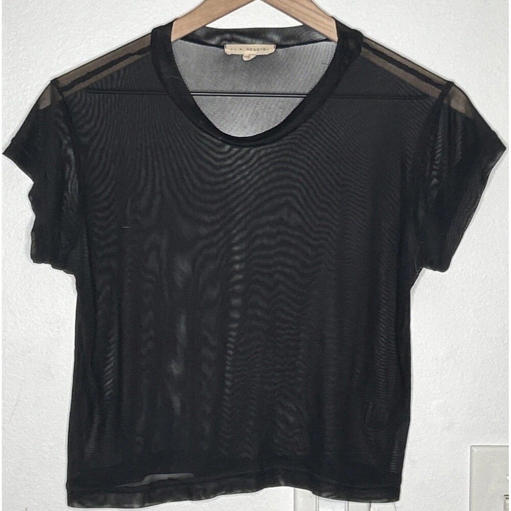 LA Hearts Black Mesh Sheer High Neck Cap Sleeve Crop Top T Short Womens Size S